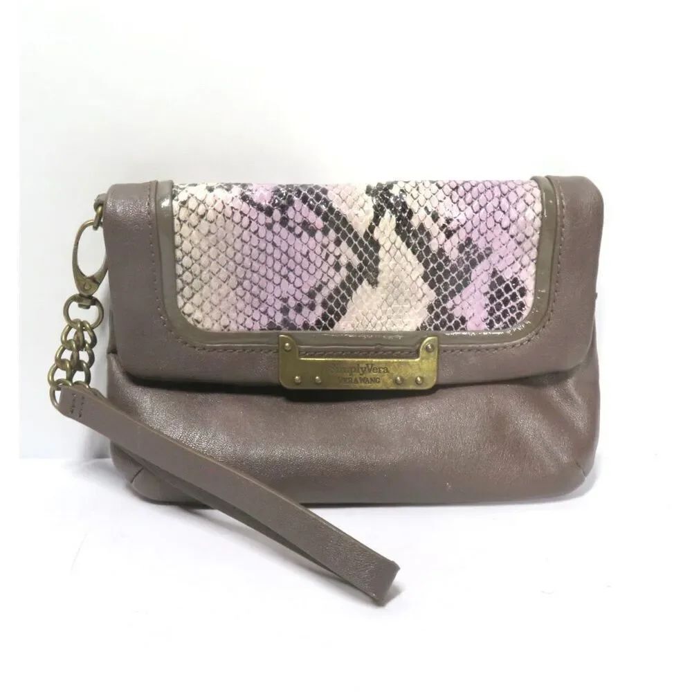Simply Vera Wang Leather Wallet Clutch Wristlet Strap Brass Hardware Gray Purple